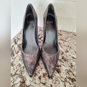 Stuart Weitzman gray silver snake print leather heels flats size 7